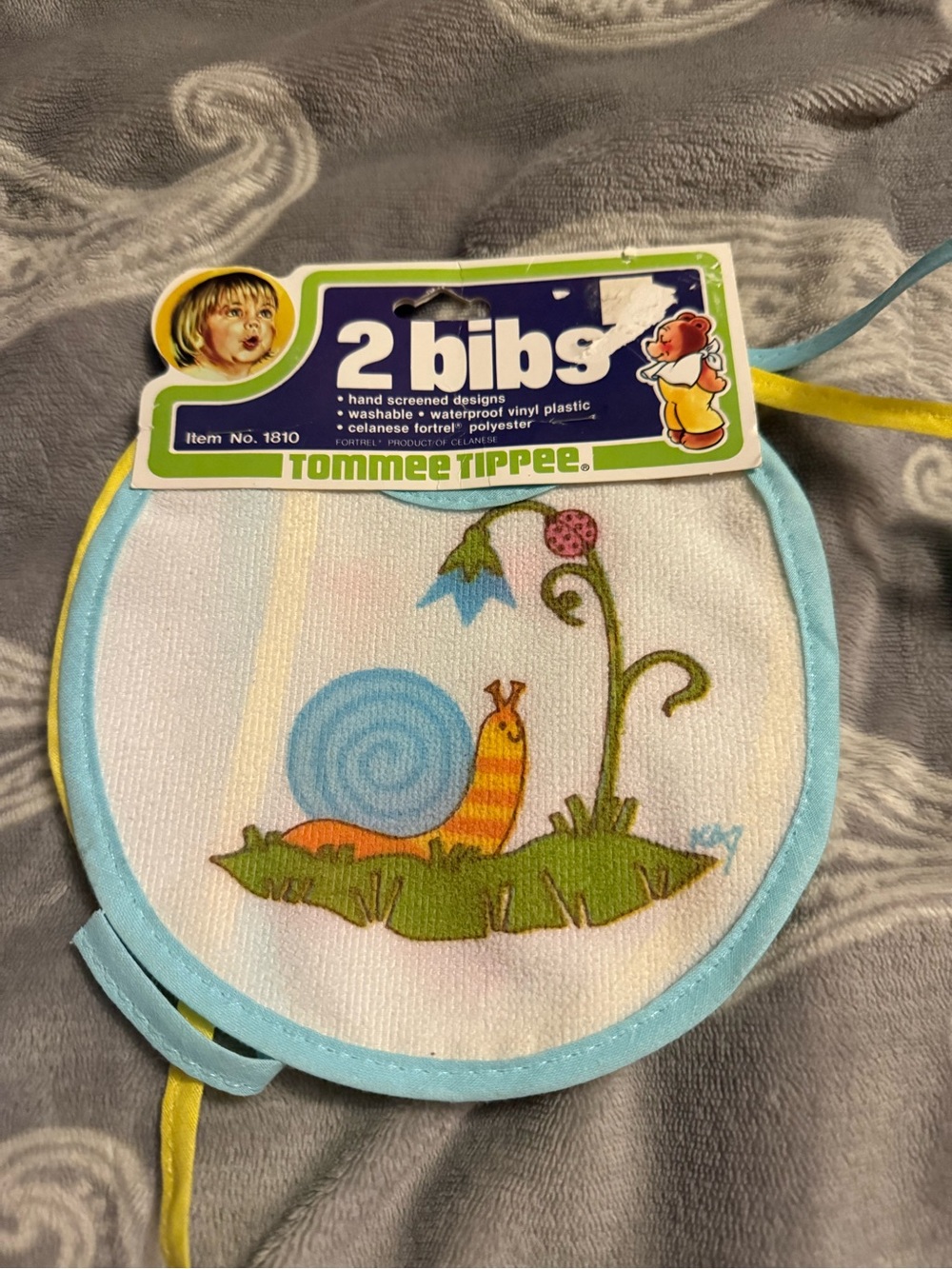 Vintage 1970’s Tommee Tippee Kids Snail Print Baby Bibs - Blue Trim (2 Pack)